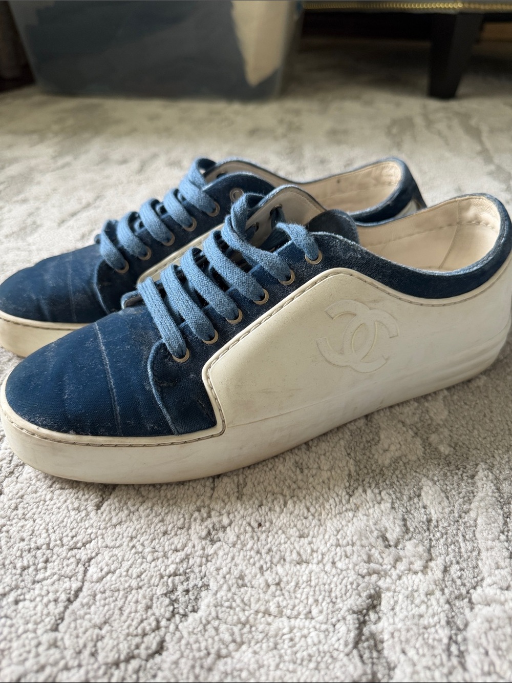 Authentic CHANEL Blue and White Womens Low-Top Sneakers - 40.5